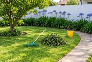 A tidy garden with a rake and gathered cuttings